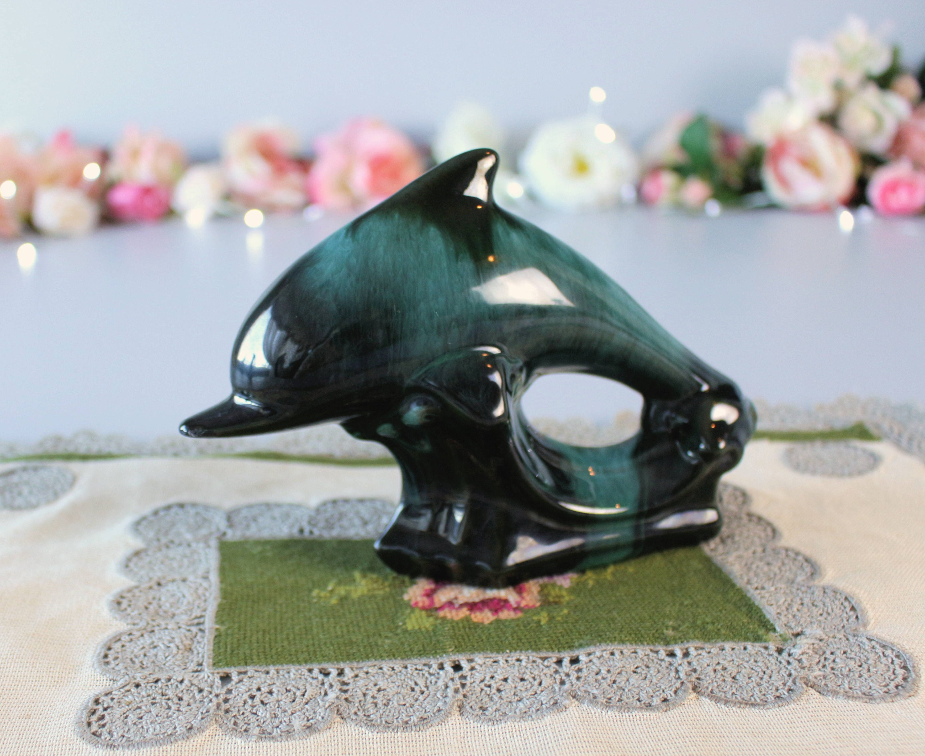 Blue Mountain Pottery Dolphin Statue, Green Glazed Canadian