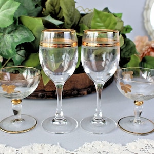 Antique Etched Crystal Coupe Glasses, 22Kt Gold Rim, Set of 4
