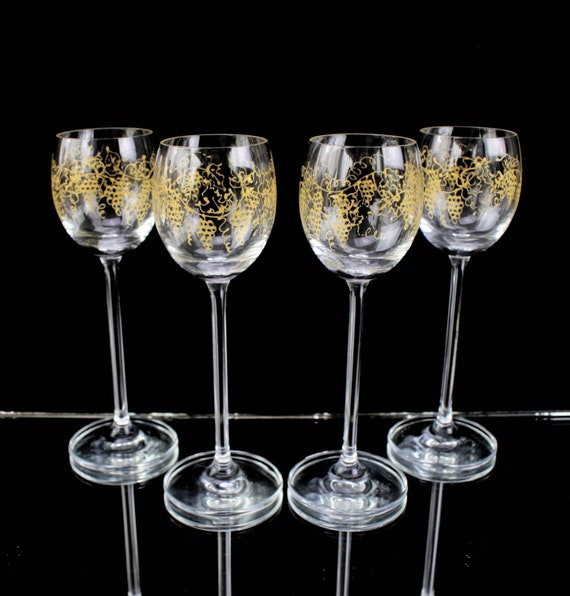 Antike Kristall-Schnapsgläser: Goldenes Traubenmotiv, großer Stiel Barware 2oz