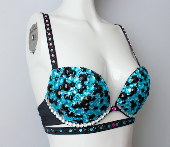 Rhinestone Bra, Rave Bralette Top, Festival Wear, Burning Man Outfit, Black  Aqua Blue Rhinestones, Sexy Clubwear, Samba, Handmade Bustier 