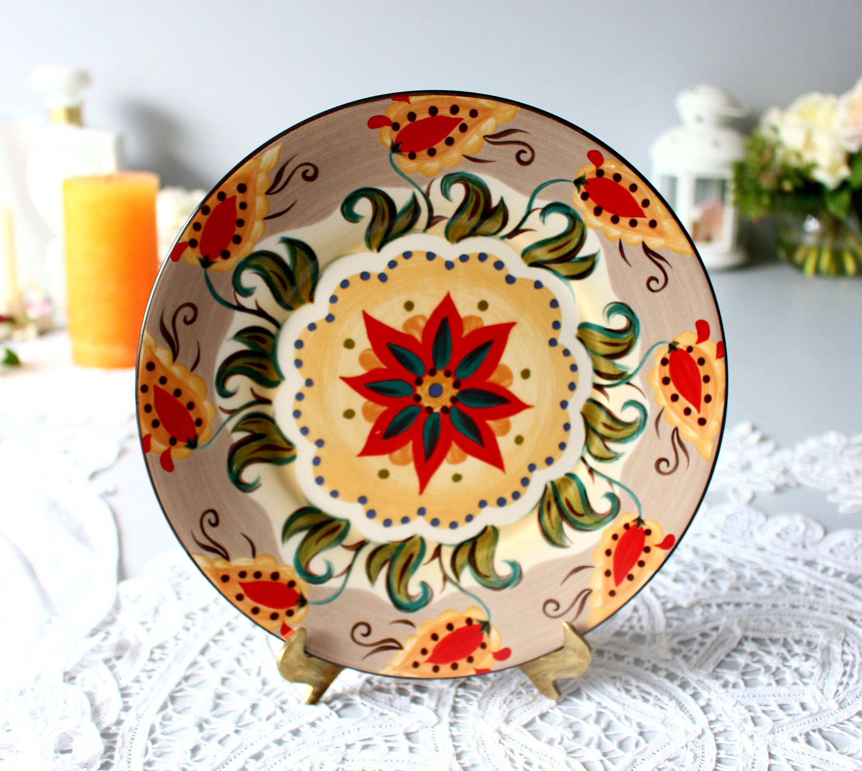 ドイツ製ヴィンテージ　KPM　手描きローズ　美しいサーヴィングプレート【美品】 ドイツ ヴィンテージ ハンドペイント 木製絵皿【rose バラ