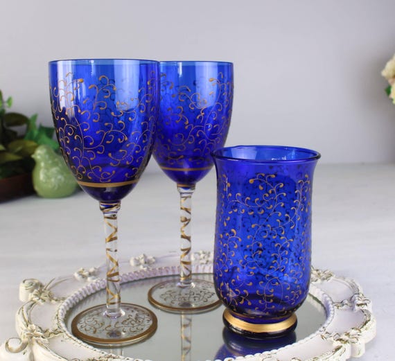Vintage Cobalt Blue Gold Filigree Wine Glasses & Tumbler, Hand Painted
