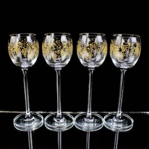 Antique Crystal Shot Glasses: Golden Grape Motif, Tall Stem Barware 2oz