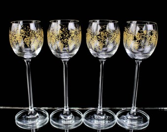 Antique Crystal Shot Glasses: Golden Grape Motif, Tall Stem Barware 2oz