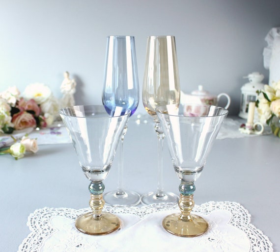 Faceted Ball Champagne Flute Set of 4 Vintage Champagne Glasses Vintage Barware