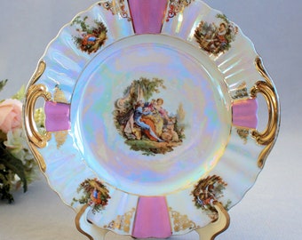 Assiette à gâteau en faïence lustré BAVARIA vintage, couple de Fragonard, DOUBLE MANCHE