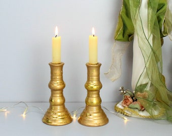 Gold Ceramic Candleholders, Pair of Candlestick Holders, Gold Leaf Gilt, 6” Perfect Table Candlesticks, Perfect Holiday Gift, All-Year-Round