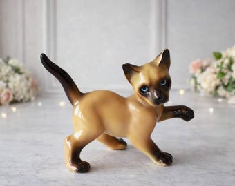 ヴィンテージシャム猫の置物 - 母猫と子猫の陶器彫刻 - ミッド