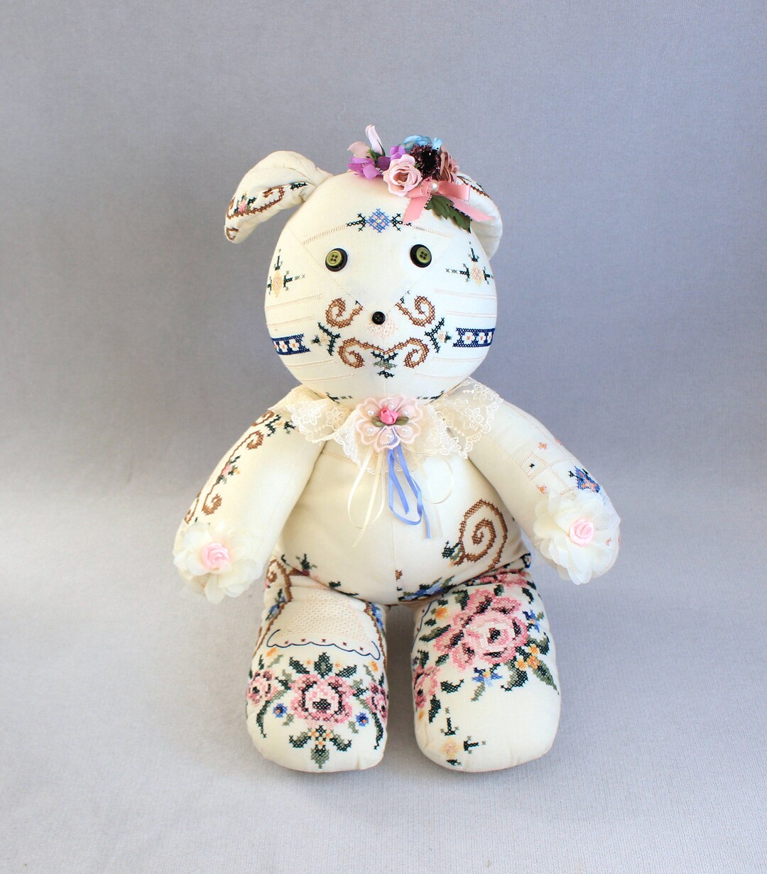 Bunny Rabbit, Handmade, Vintage Plush 20bunny, Embroidered, Cottage ...