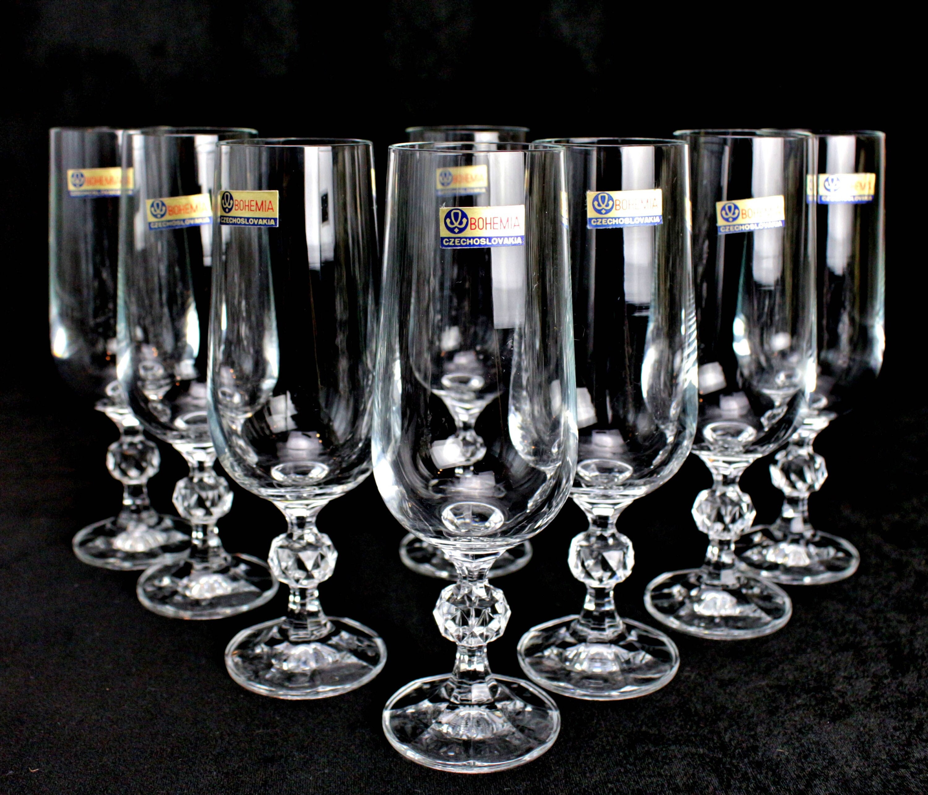 Vintage BOHEMIA Crystal Champagne Flutes: 7oz Claudia Faceted Stem
