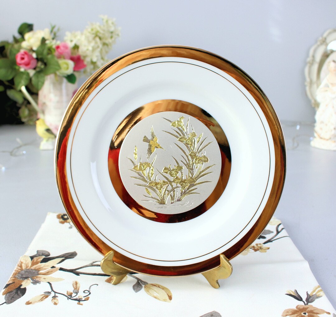 THE ART of CHOKIN Plate, Bird & Flowers, 24KT Gold, Samurai Art