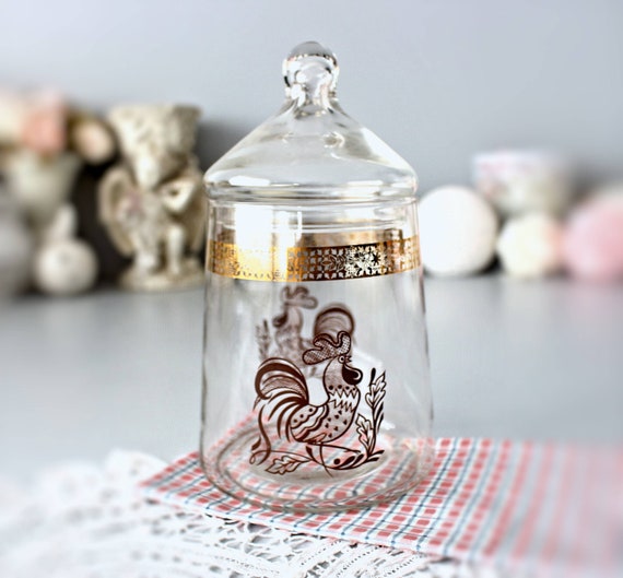 Jar With Roosters, Sugar Glass Jar, Vintage Sugar Container, Brown Roosters  Container, Jam Canister, Brown Sugar, Retro Jar, Spice, Vintage 