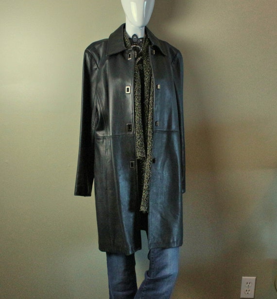 TALBOTS Black Leather Coat, Vintage Classic Women'