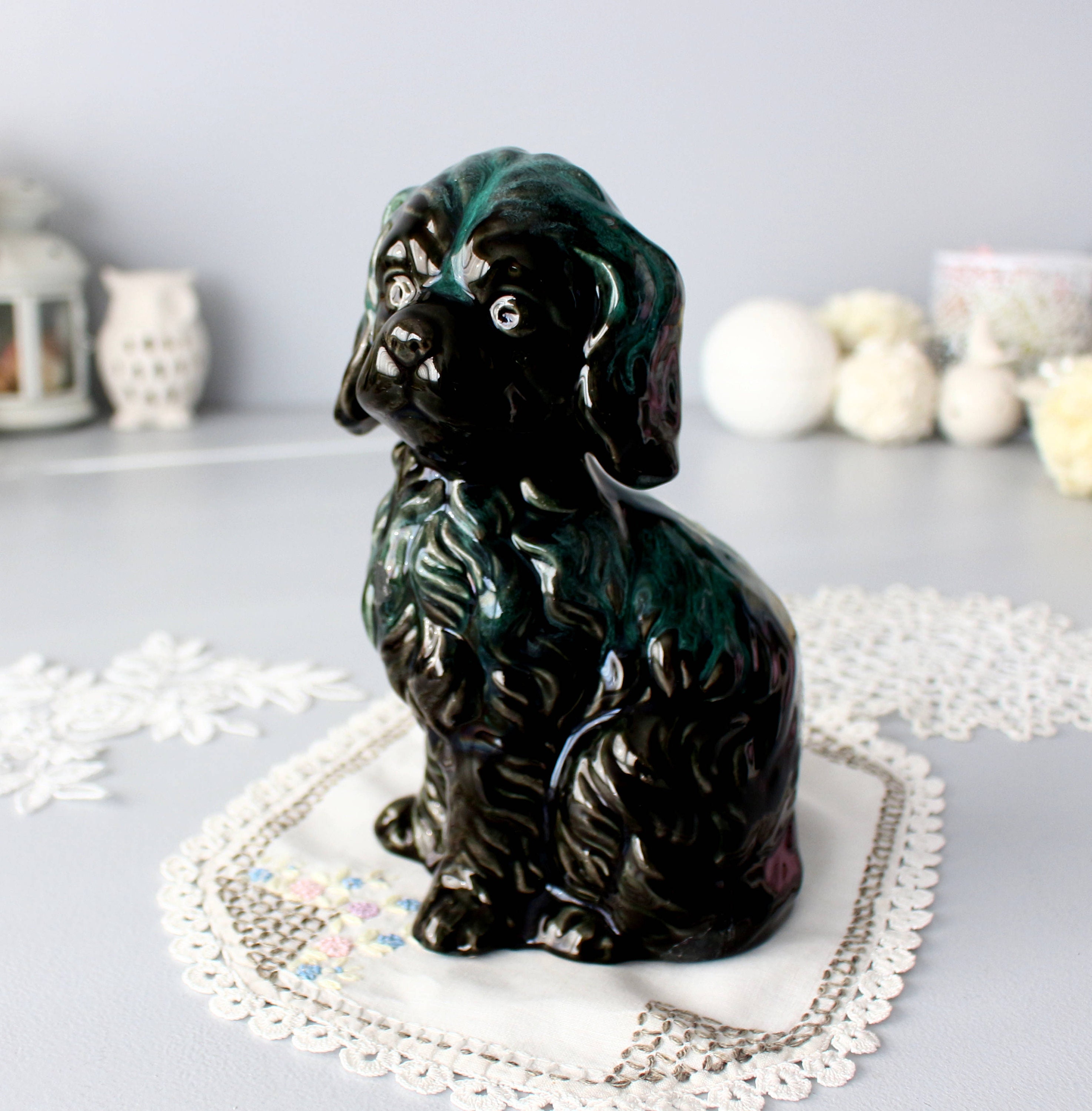 ヴィンテージグリーン陶器製コッカースパニエル犬置物 - ワイアット