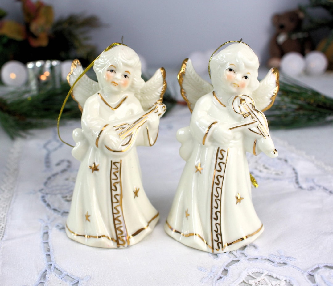 Ivory Angels Bell Set Violin & Mandolin, White Gold Holiday