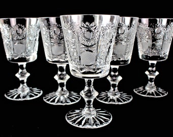 BOHEMIA QUEEN LACE Wine Glasses, Set of 5, Hand Cut Crystal, Vintage Drinkware, Czechoslovakia, 1960s, Perfect