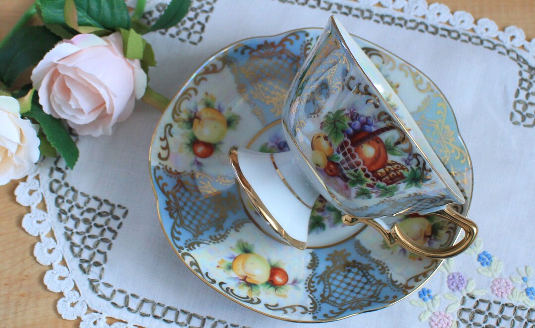 SHAFFORD Lusterware Blue, White, Fruits, Teacup and Saucer, Gold Handle ...
