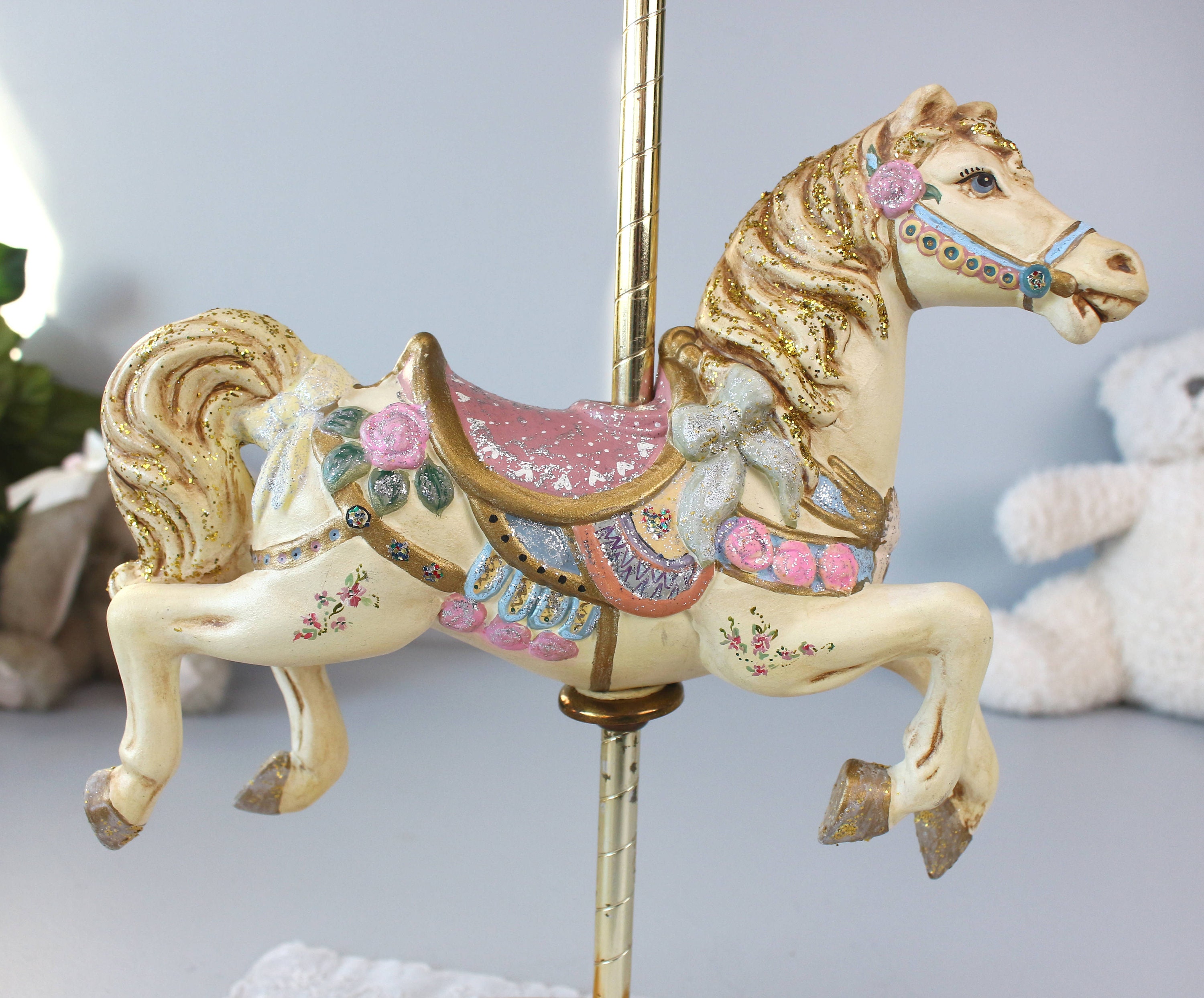 Vintage Carousel Horse, Horse on Metal Pole, Cream Pink Glitter Embellished  Horse, Baby Girl Nursery Décor, Handmade, Birthday, Baptism Gift -   India