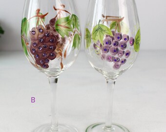 手描きクリスタルワイングラス、ブドウの花柄デザイン、4個セット