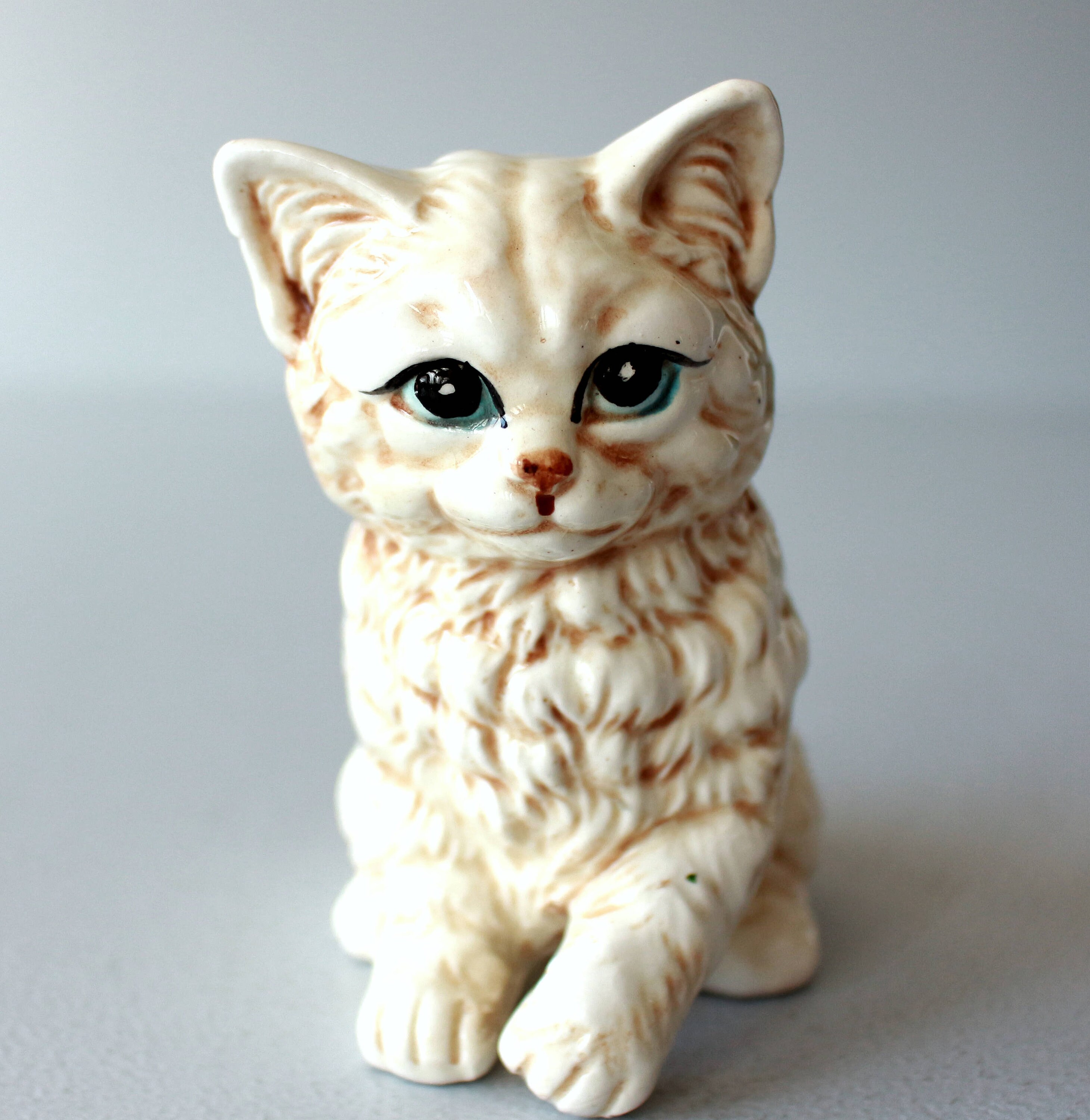 Vintage Tabby Cat Ceramic Cat Figurine Beige White Long Hair Etsy