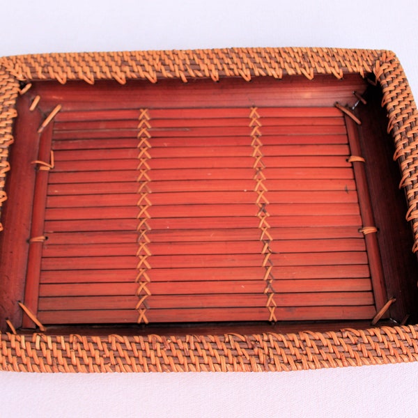 Bamboo  Wicker Tray, 16" Large Serving Tray, Wooden Tray, Vintage Wooden Tray, Tray for Serving, Handmade, Breakfast in Bed, Brown Wood Tray