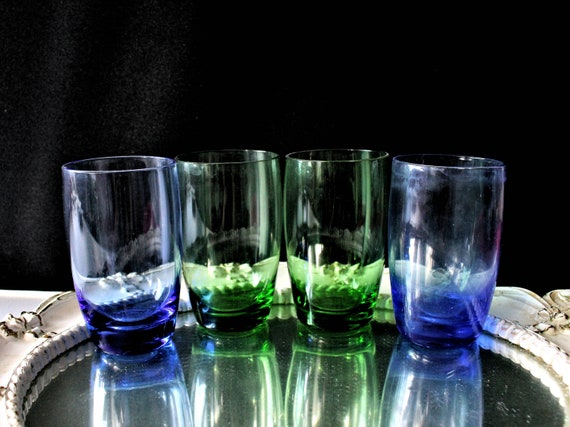 Blue Green Shot Glasses, Small Juice Glasses, Vintage Goblets