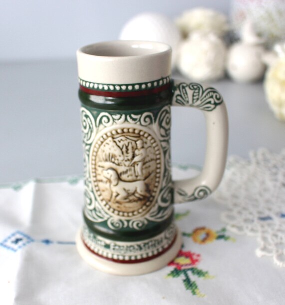 AVON Beer Stein Small, Hunting Fishing, English Setter, Rainbow Trout, Brazil 1983