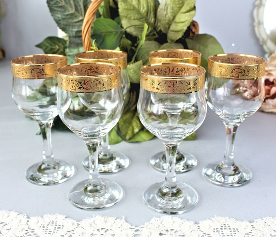 CRISTALLERIA FRATELLI FUMO White Wine Glasses, Regina Ricamo Oro, Clear  With 24K Gold Band, Vintage Stemware, Retro Drinkware, Elegant Set 4 