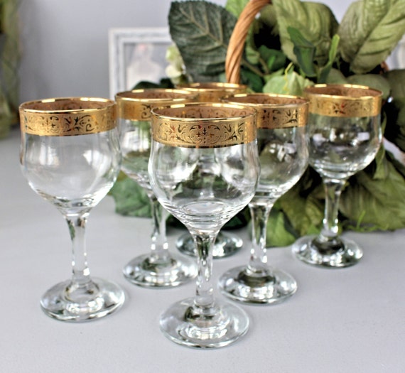 CRISTALLERIA FRATELLI FUMO White Wine Glasses, Regina Ricamo Oro, Clear  With 24K Gold Band, Vintage Stemware, Retro Drinkware, Elegant Set 4 