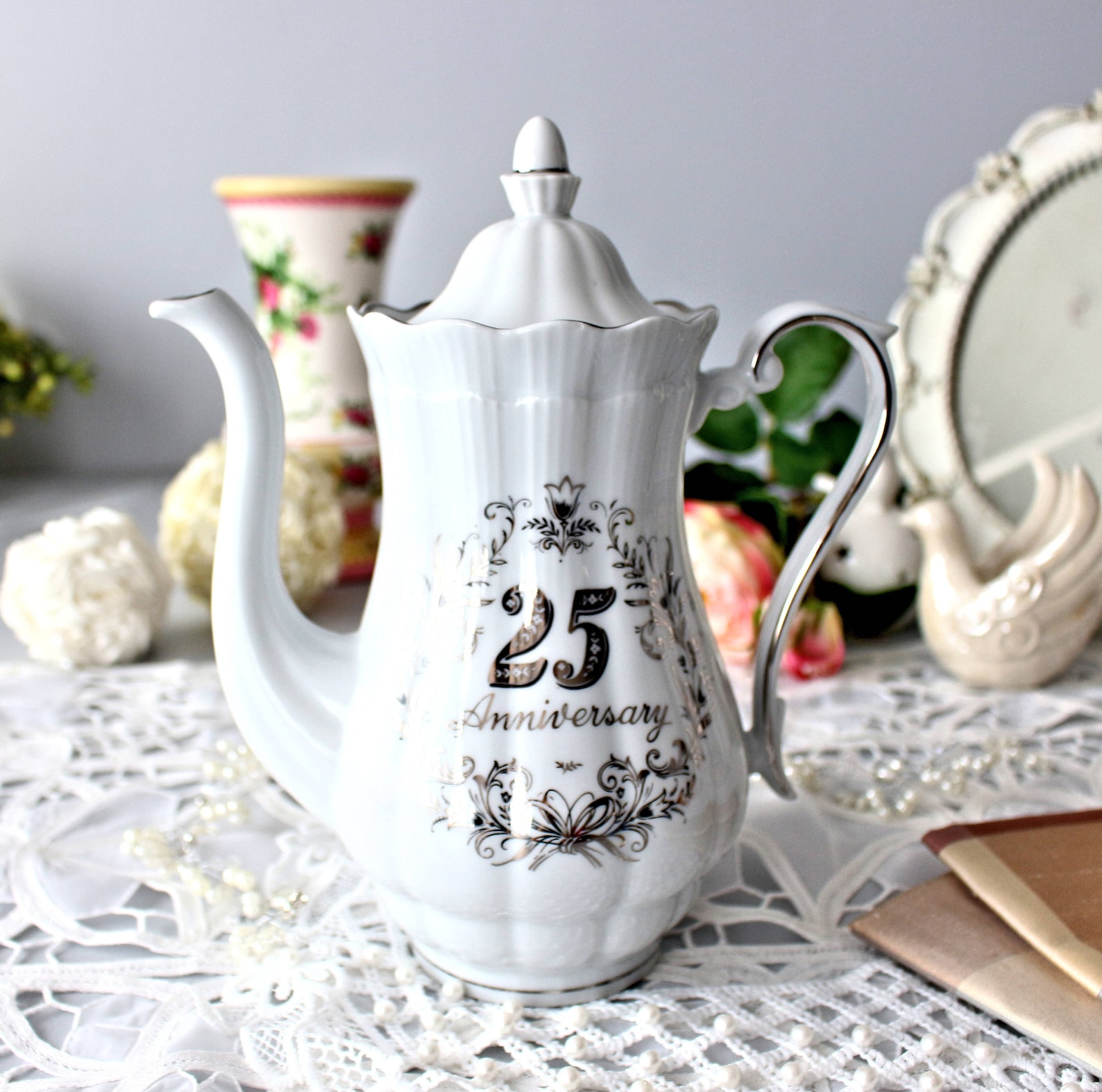 25th Anniversary Teapot Hand Painted Vintage Silver Wedding Etsy
