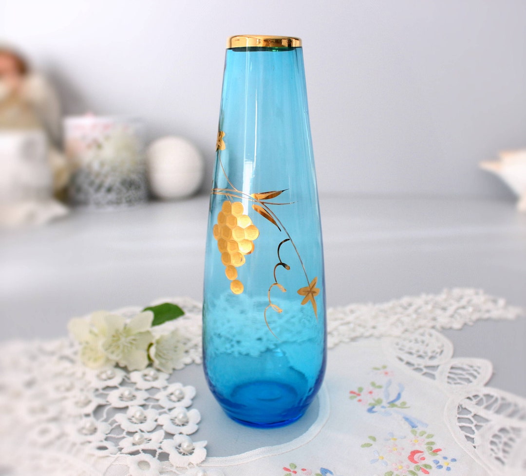 Vintage Blue Vase, Japan Glass Vase, Handcrafted Fine Glass Art, Glass