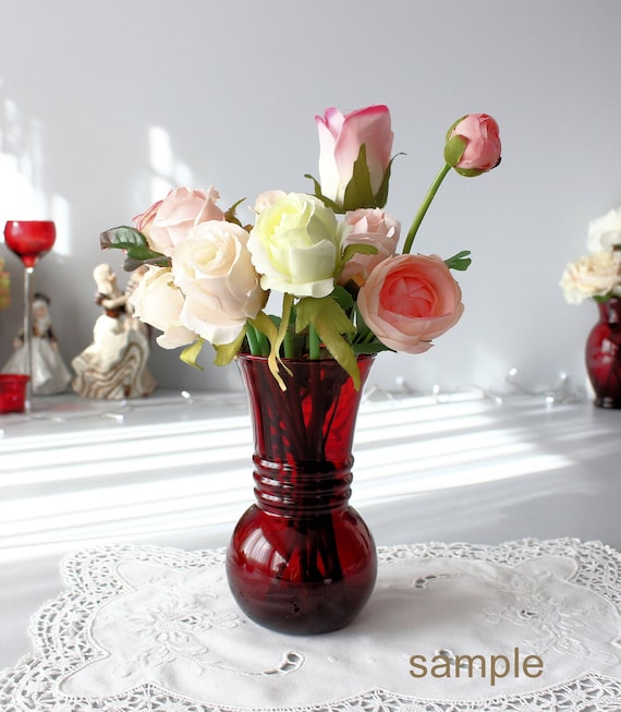 【希少】アンカーホッキング　ホブネイル　レッドリム ANCHOR HOCKING Etched Floral Vase, 6.5