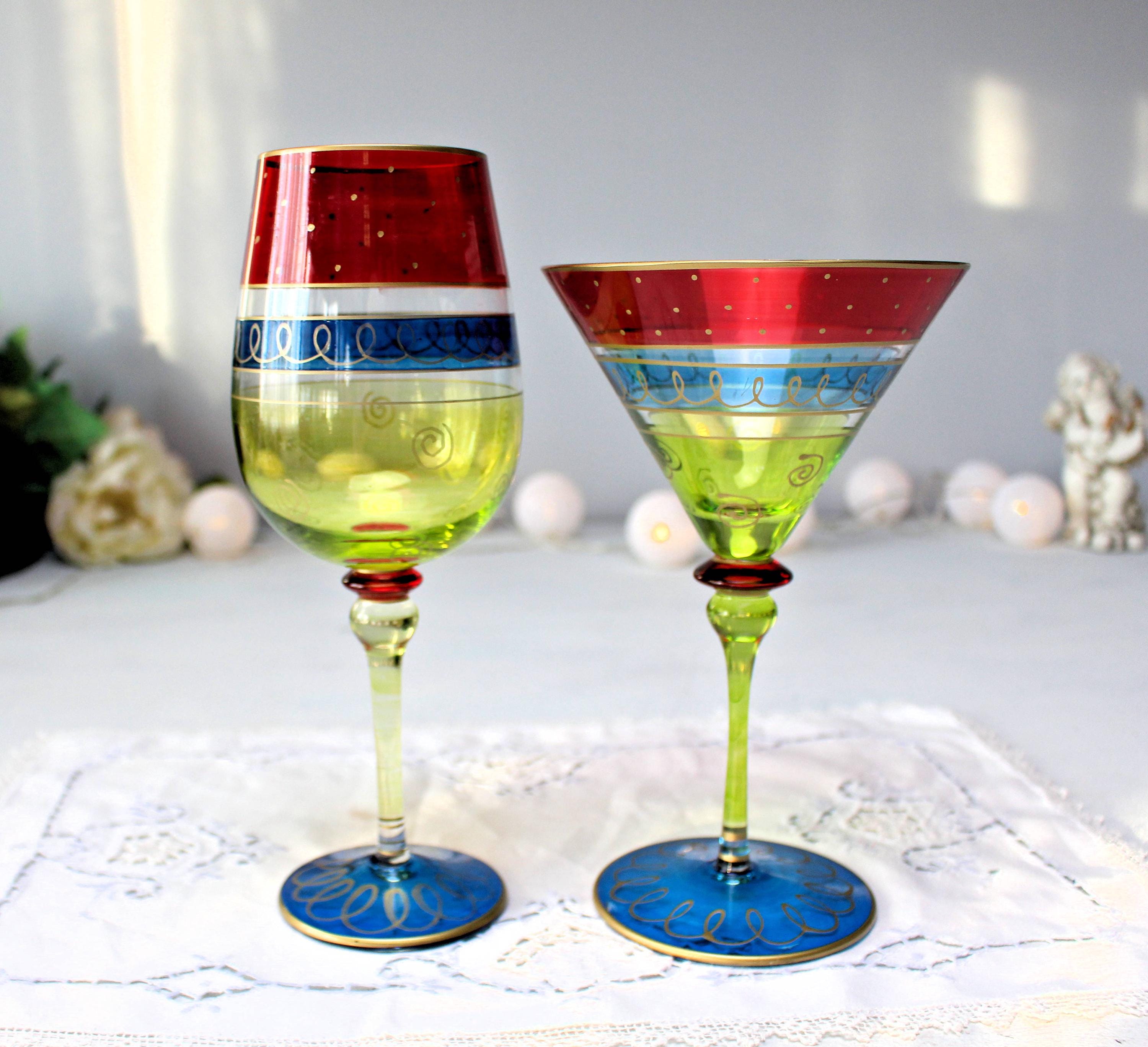 Vintage Hand Painted Martini and Wine Glass Pair, Red Blue Green