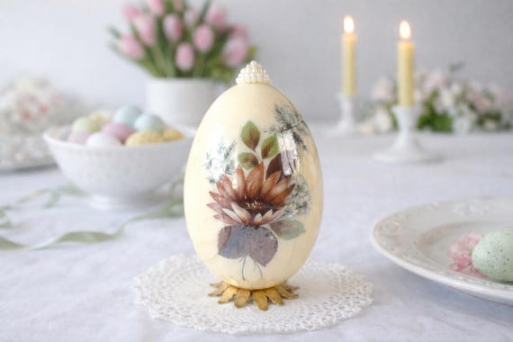 Hand Painted Easter Egg, Cream Plastic, Decoupage Ornament, Signed