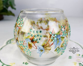 Hand-Painted Glass Vase: Blue, Green Crystals - 4.5" Sphere Vintage