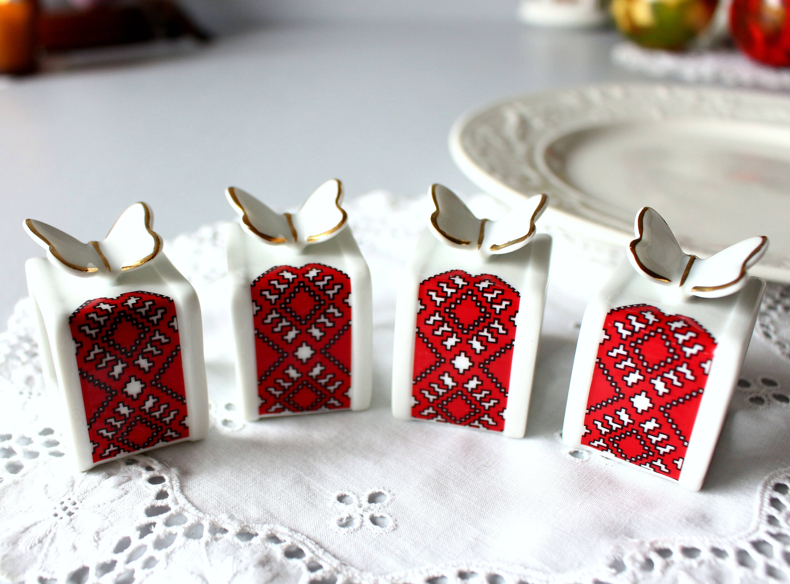 Ceramic Butterfly Napkin Rings White Red Gold Porcelain Ukrainian Folk Embellished Firchuk Design Set of 4 Square Rings Japan