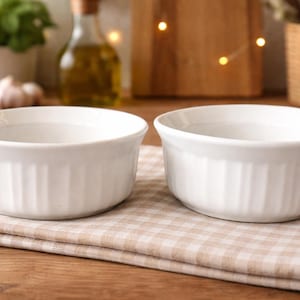 Vintage CORNINGWARE French White Ramekin, 2 Mini Casserole, Portugal Ceramic image 1