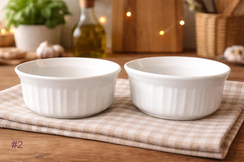 Vintage CORNINGWARE French White Ramekin, 2 Mini Casserole, Portugal Ceramic image 1