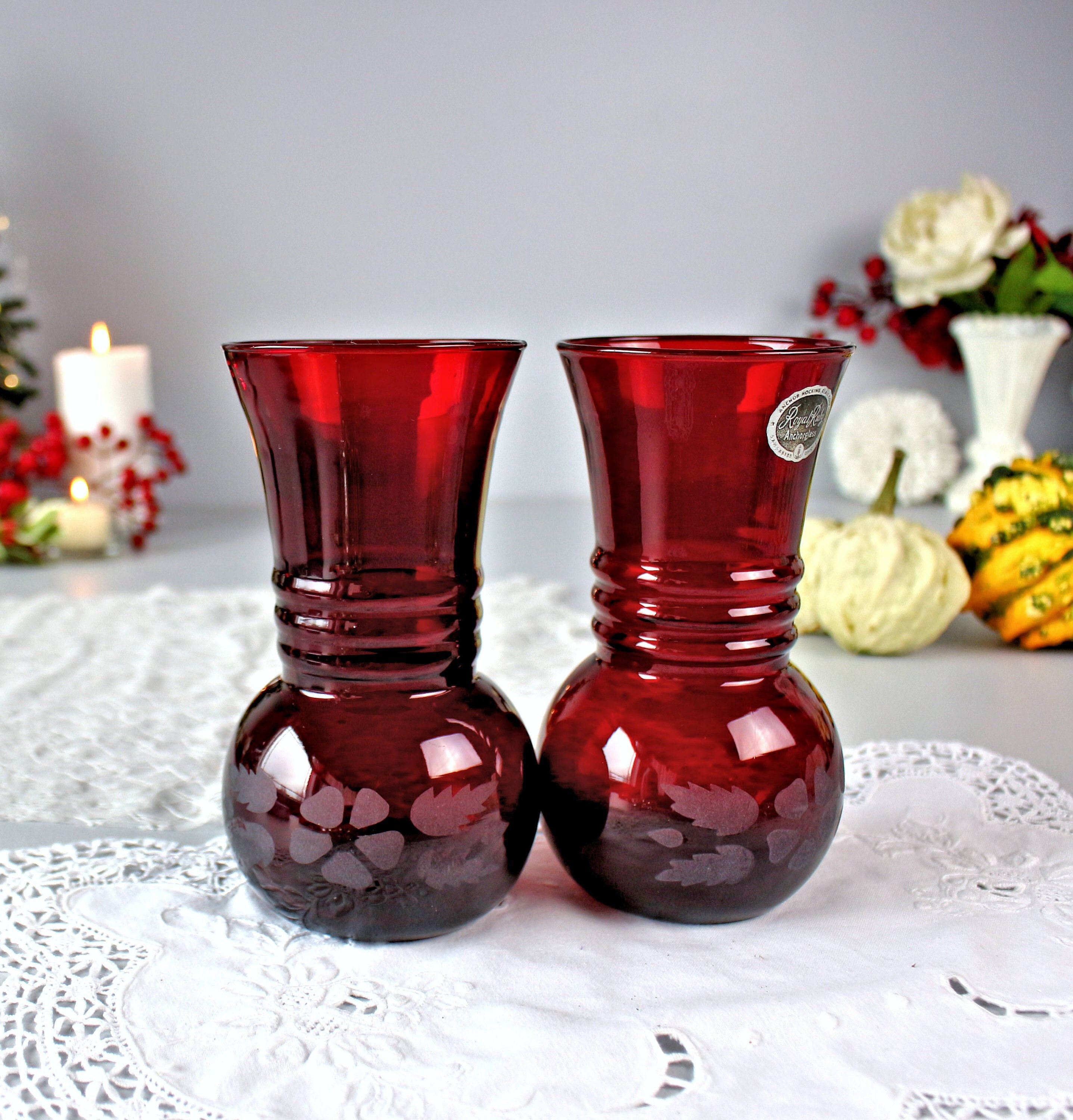 【希少】アンカーホッキング　ホブネイル　レッドリム ANCHOR HOCKING Etched Floral Vase, 6.5