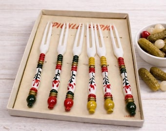 Vintage Japanese Appetiser Forks Set of 6, Colorful Party Picks