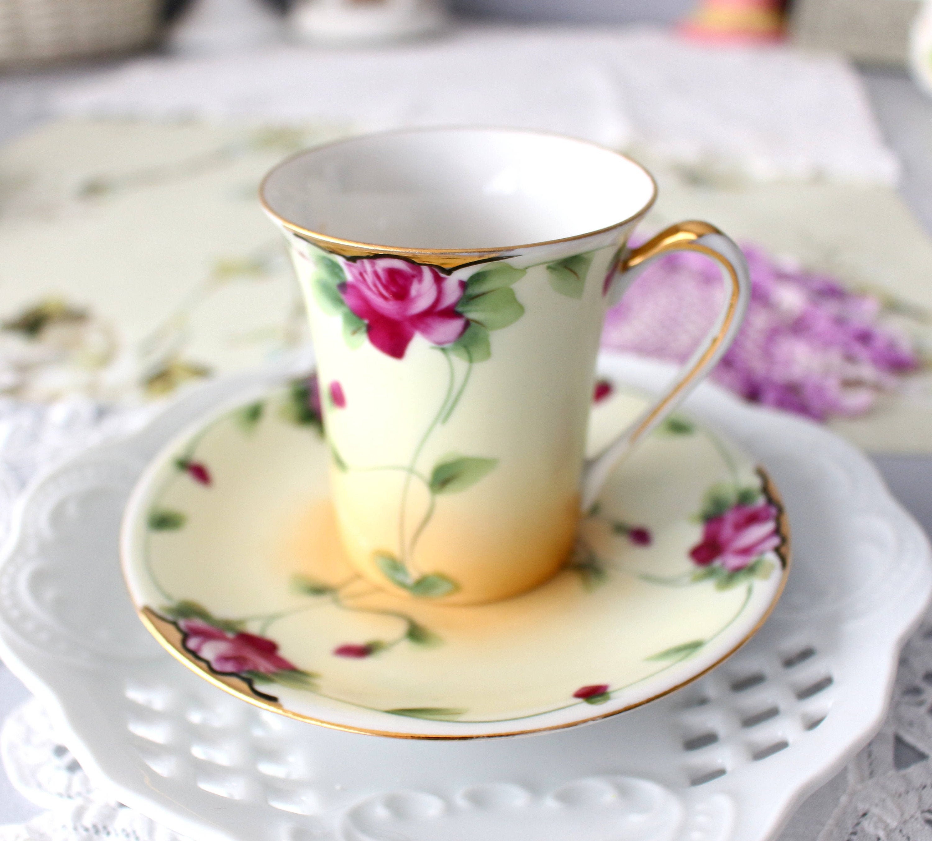 Vintage Meito China DEMITASSE Cup & Saucer, HAND-PAINTED Floral