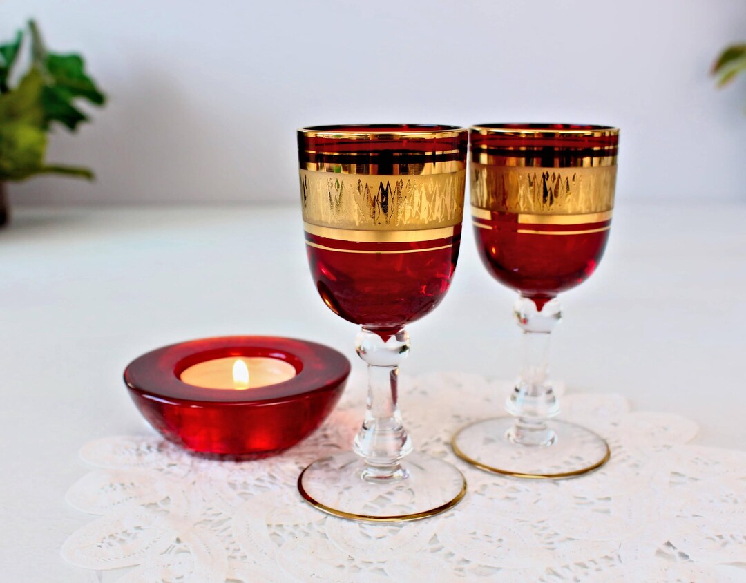 BOHEMIA Crystal Shot Glasses Candle Holder Ruby Red Gold Liquor BOHEMIA Crystal Shot Glasses Candle Holder Ruby Red Gold Liquor