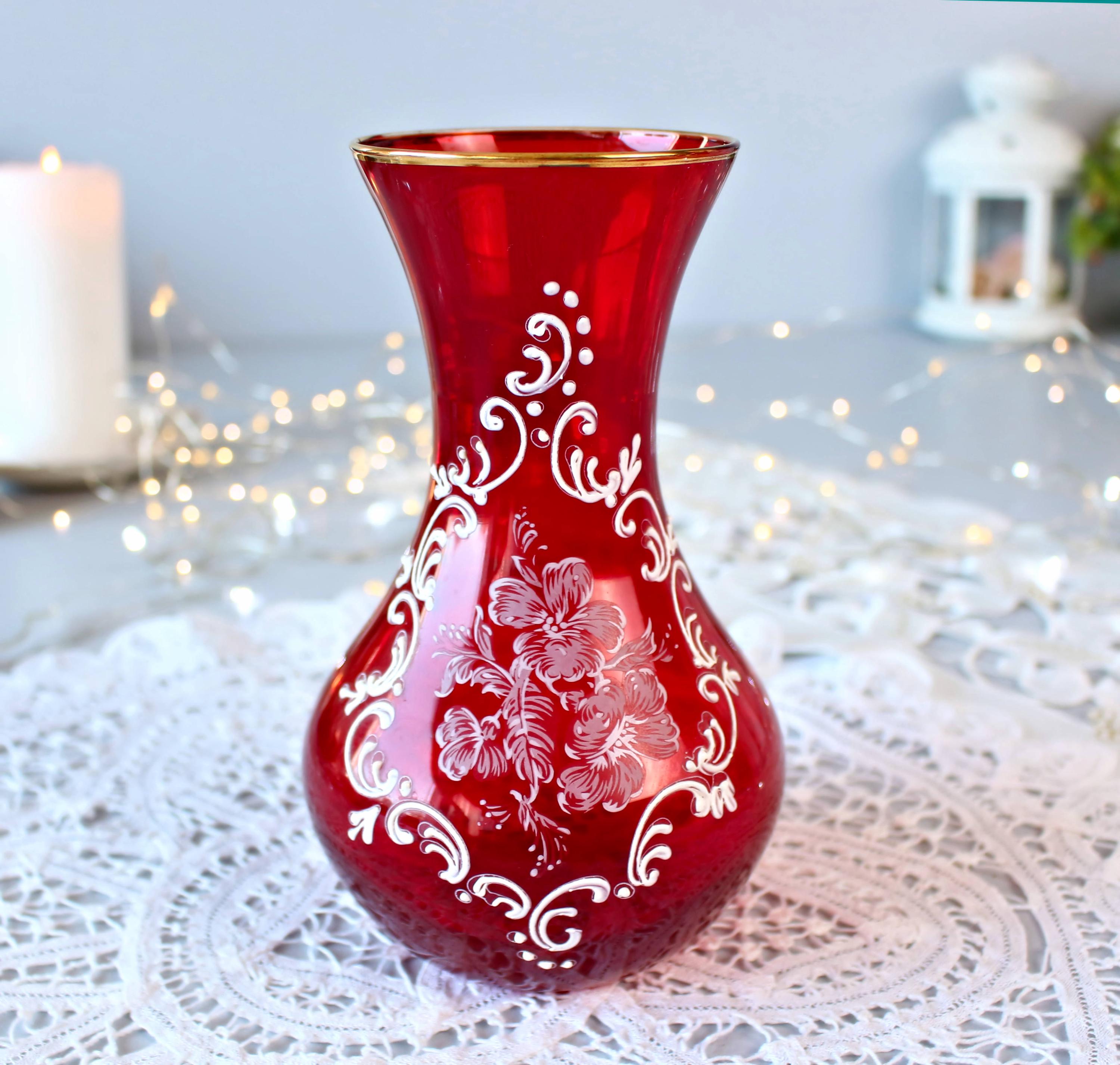 Vintage VENETIAN RED VASE : Hand Painted Floral Enamel, Gold Rim