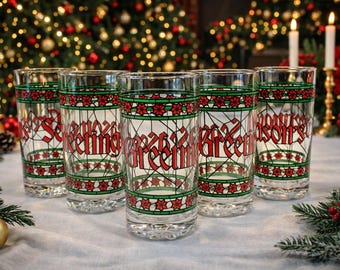 Vintage LIBBEY Christmas Glasses, “Seasons Greetings” Tumblers, Set of 5, USA