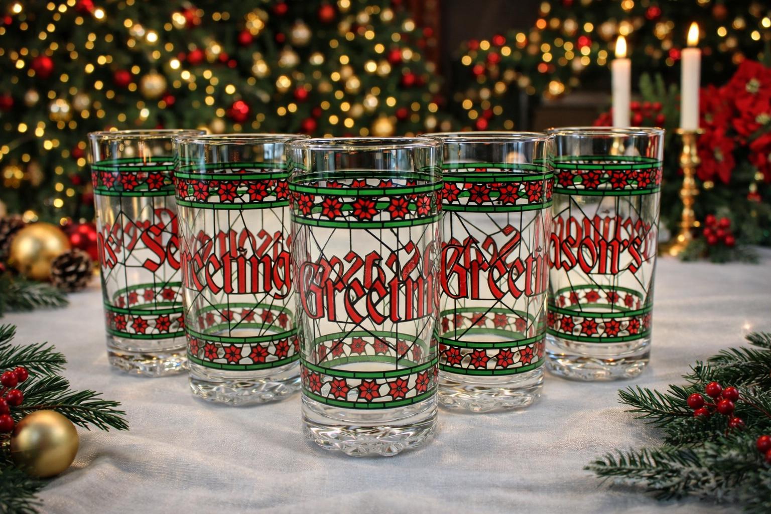 Vintage LIBBEY Christmas Glasses, “seasons Greetings” Tumblers