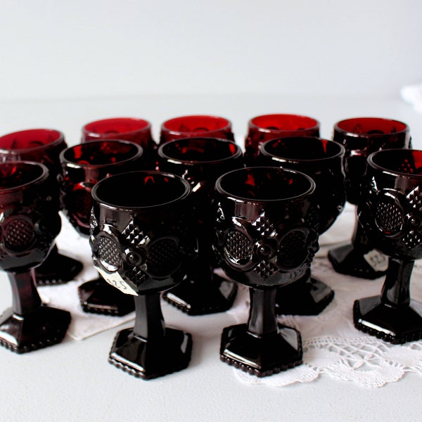 AVON Vintage Cape Cod Goblets, Ruby Red ,1876 Cape Cod Collection, Commemorate Pattern, Dark Red Small Cordial Glasses, Made in USA, Mint