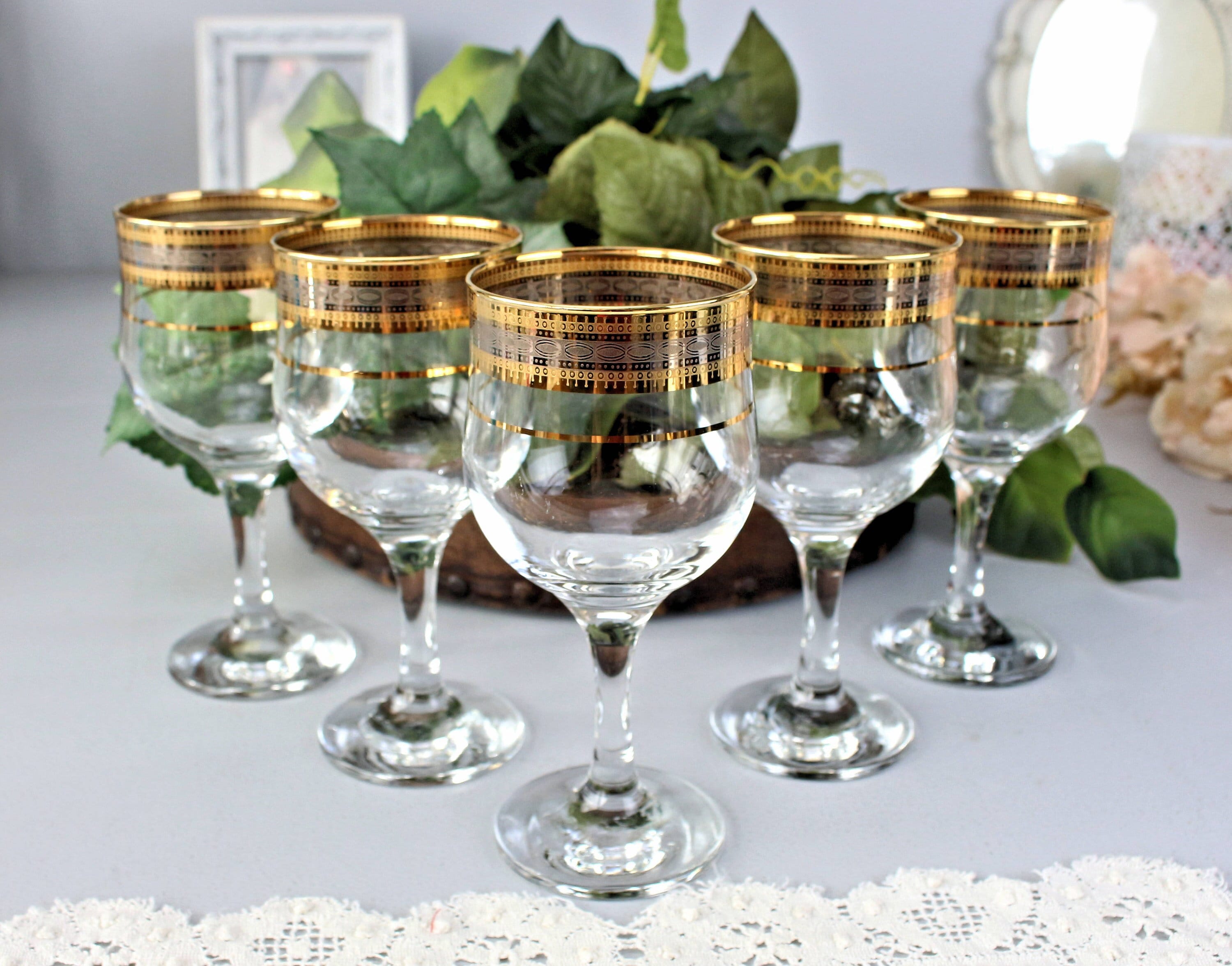 Vintage Gold Rim Wine Glasses White Grapevine twisted stem