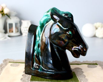 Fermalibri in ceramica di Montagna Blu, Testa di cavallo in ceramica, Fermalibri vintage, Figurina di testa di cavallo verde, Fermalibri in ceramica vintage, Ceramica smaltata retrò