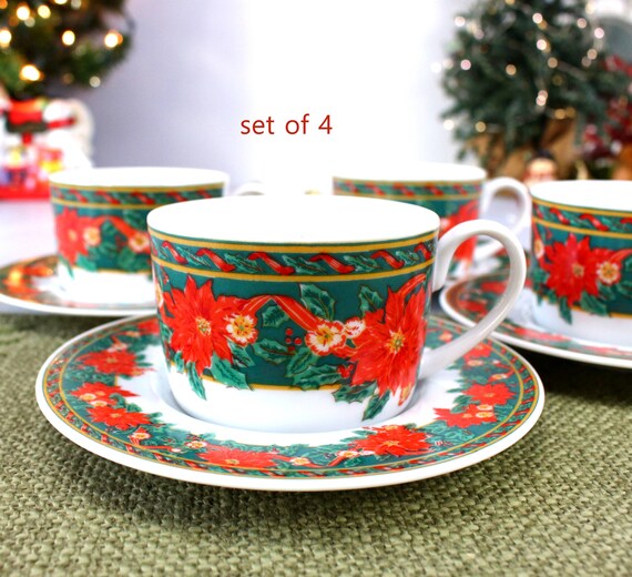 Tazas de te y platillos navidenos Juego de 4 platos de Poinsettia Servicio de te de cafe Regalo de Navidad Juego vintage Vajilla Kopin Holidays Nuevo Etsy Mexico