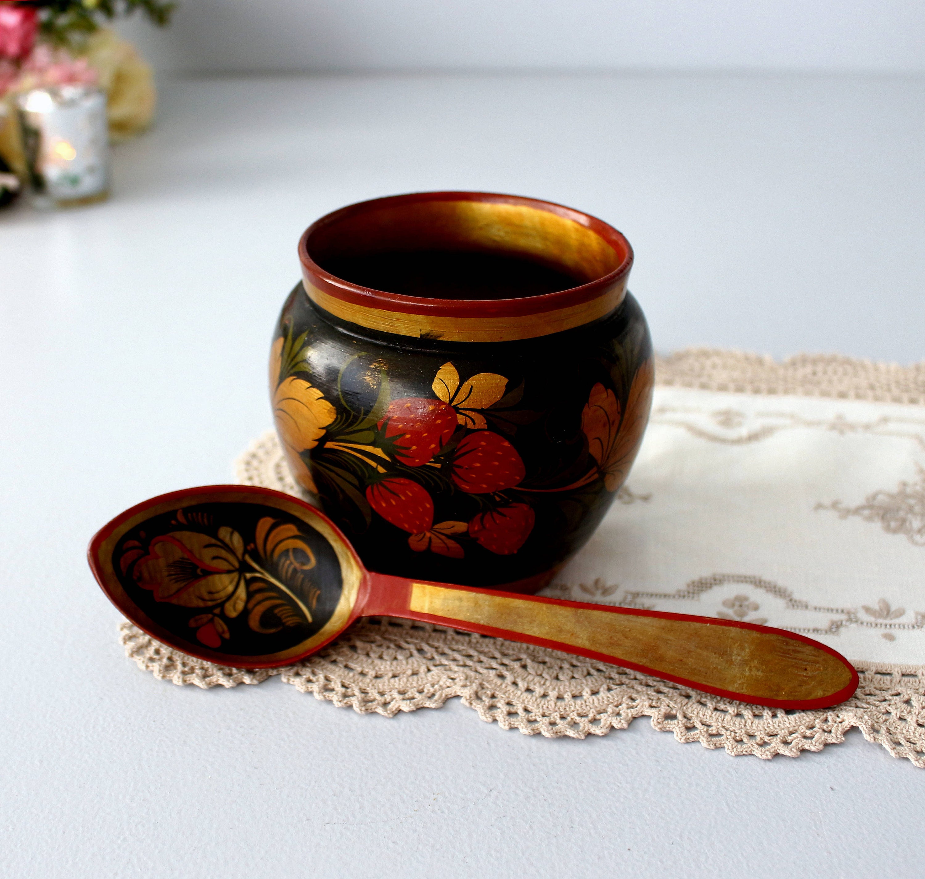 ホフロマの木製ボウルとスプーン：手描きの民芸品、1960年代 - Etsy 日本